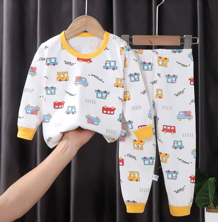 Colorful Patterns Children's Sleepwear Pajama Yellow White Trucks