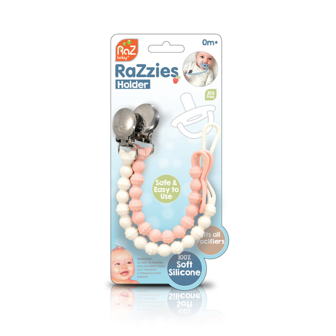 RaZbaby RaZzies Silicone Pacifier/Teether Holder (2pk) - Pink/White