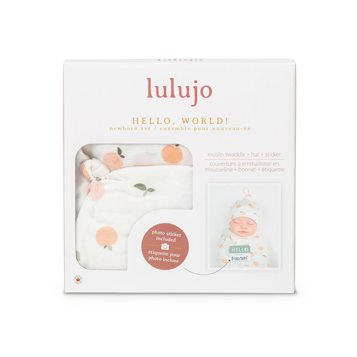 Lulujo Hello World Hat & Swaddle Set - Peaches