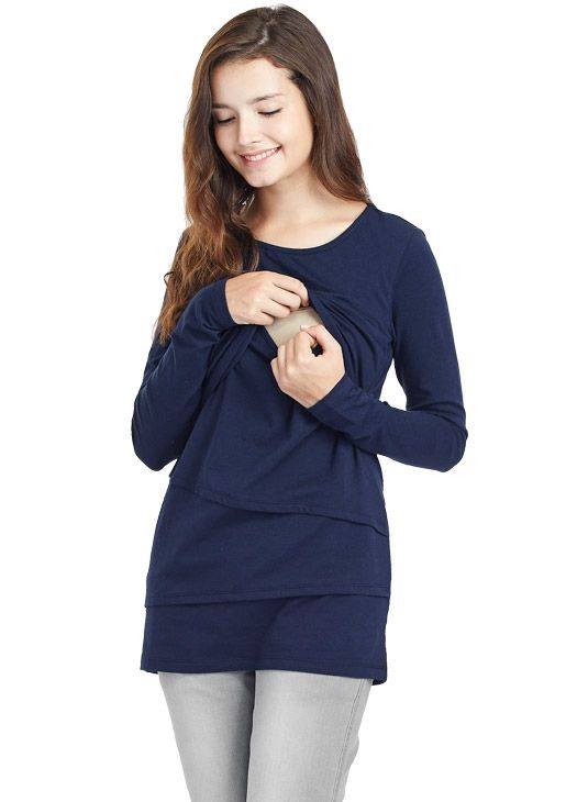 1585N Mamaway Tiered Maternity & Nursing Long Top Navy