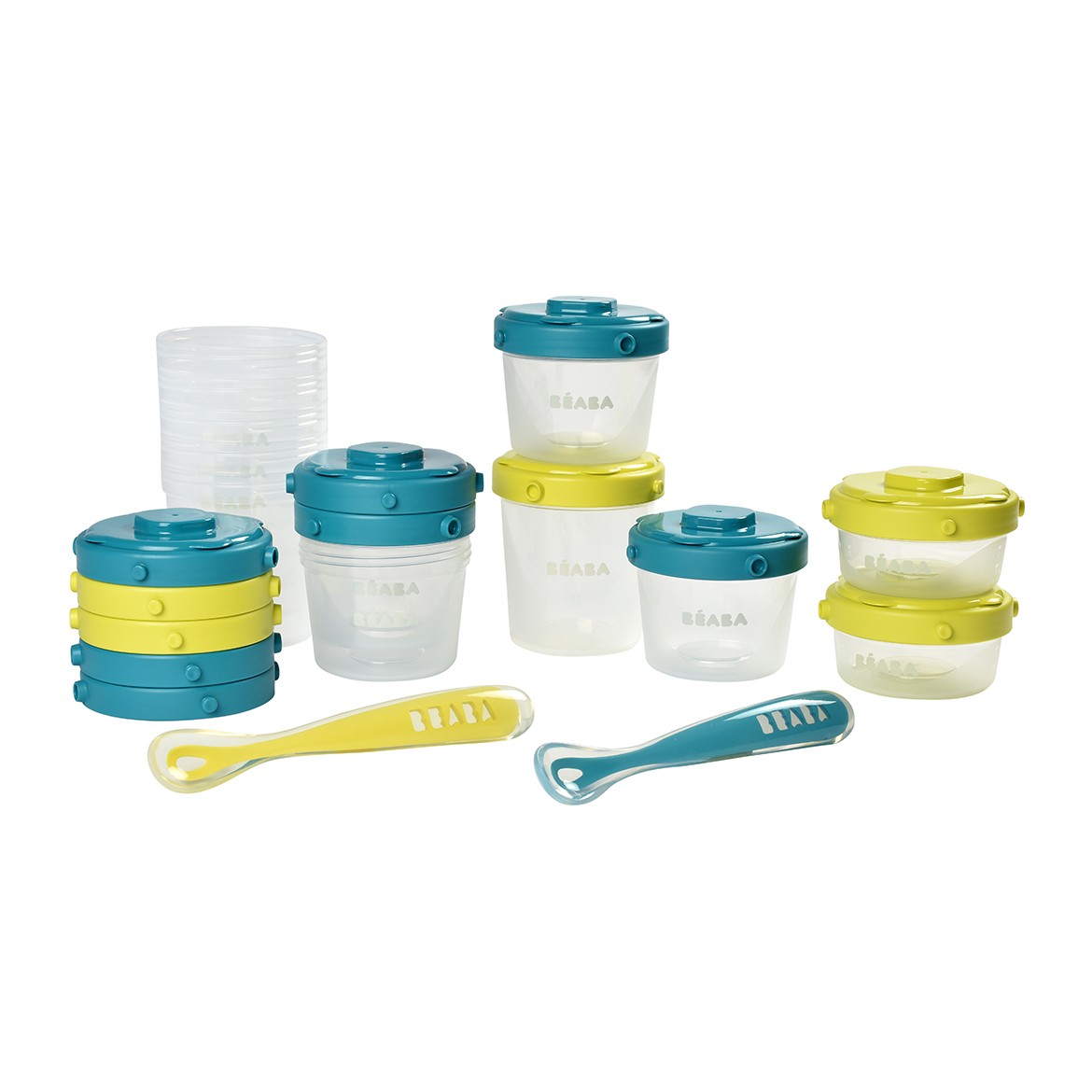 Beaba 1st Meal Set (Set of portions clip+1st age silicone spoon) - Neon/Blue