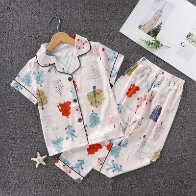 Colorful Patterns Children`s Sleepwear with Buttons Forest Trees Beige