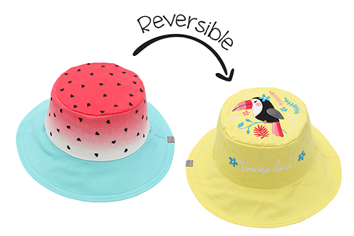 FlapJack Baby/Toddler UPF50 Reversible 3D Cotton Bucket Hat Watermelon/Toucan