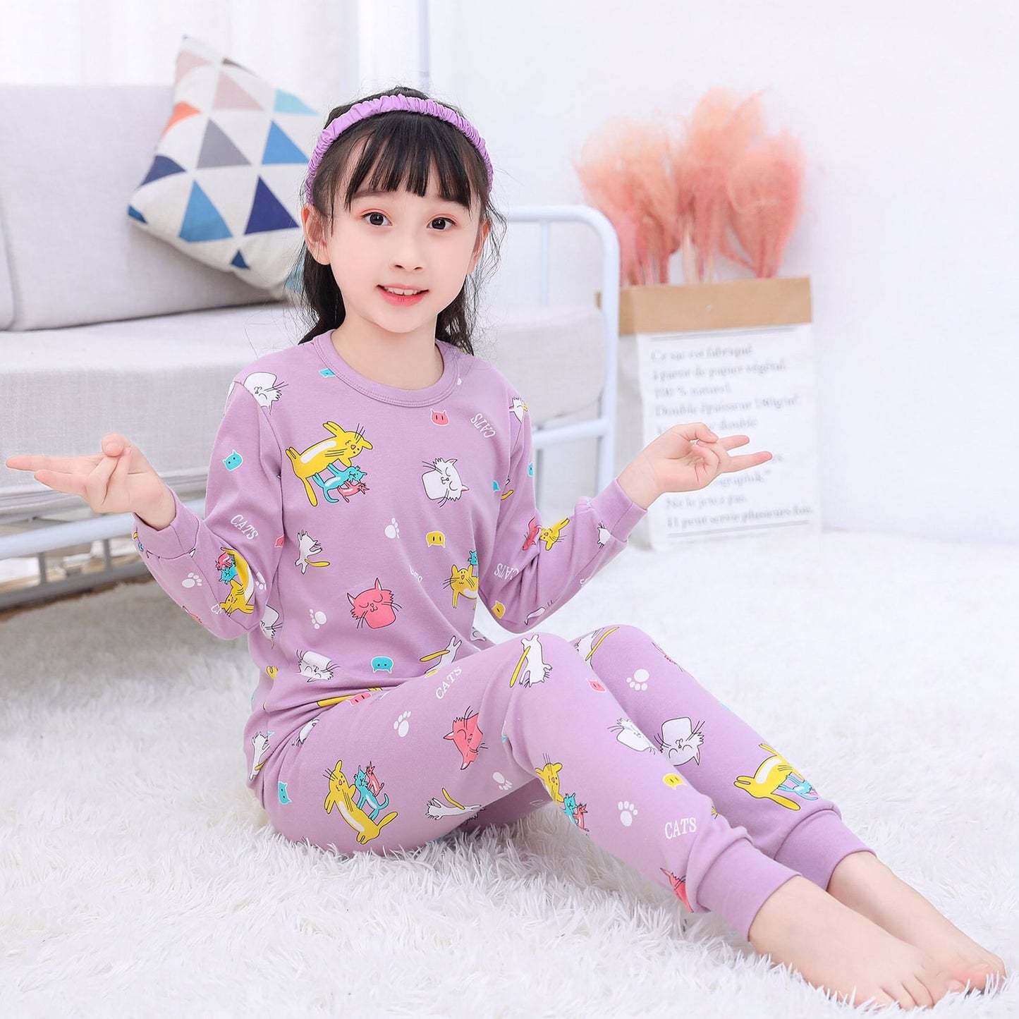 Colorful Patterns Children's Sleepwear Pajama Cat Purple